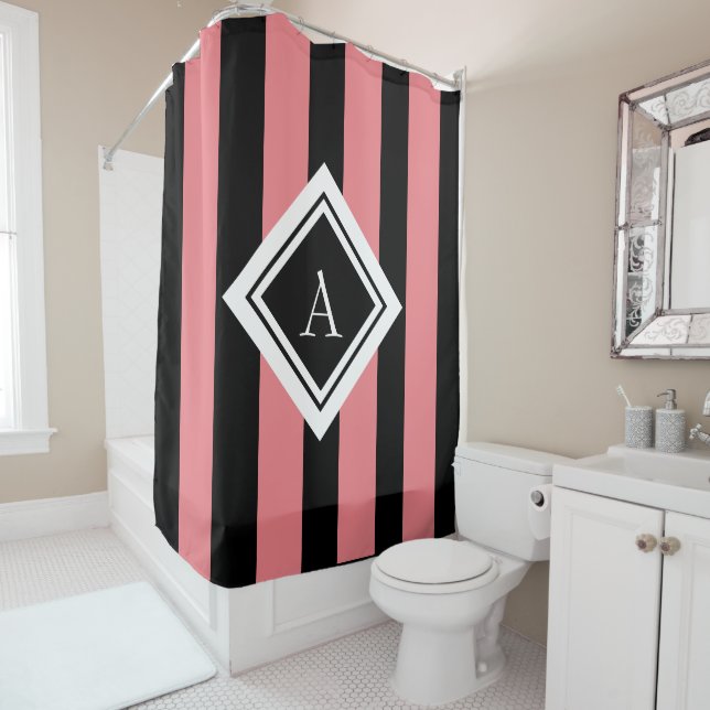 Modern Coral Pink Black Vertical Stripes Monogram Shower Curtain (In Situ)