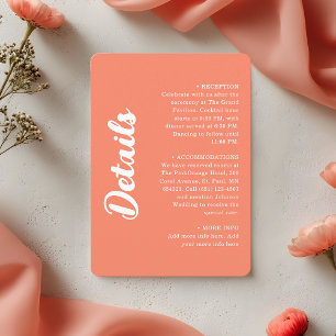 Modern Coral Pink Groovy Script Wedding Details Enclosure Card