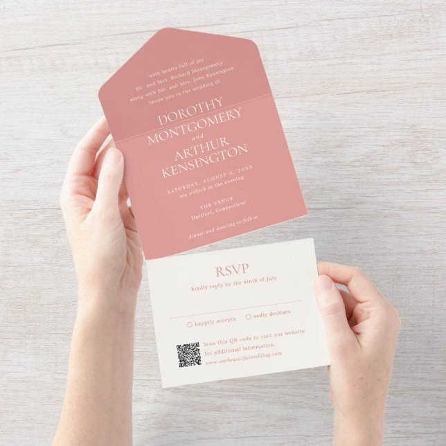 Modern Coral Pink QR Code Elegant Wedding All In One Invitation (Tearaway)