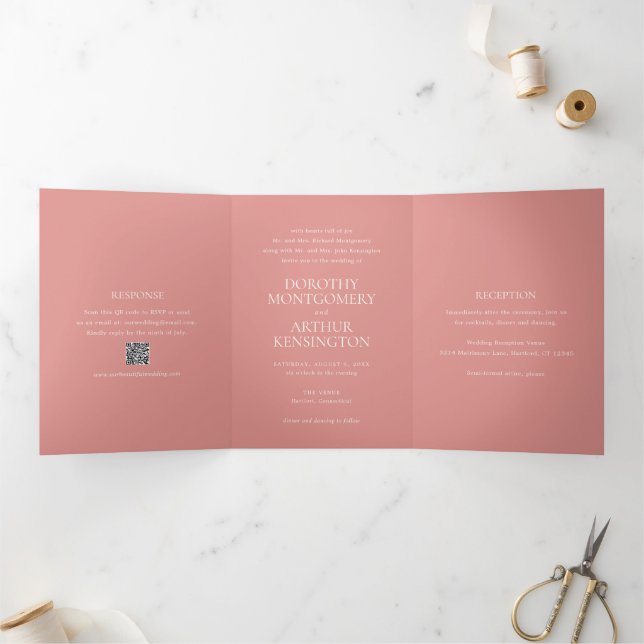 Modern Coral Pink QR Code Elegant Wedding Tri-Fold Invitation (Inside)