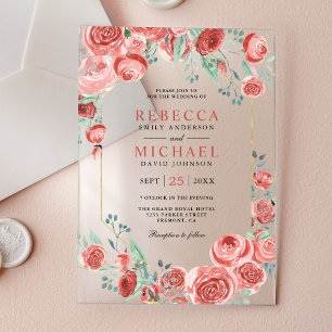 Modern Coral Pink Roses Floral Wedding Acrylic Invitations