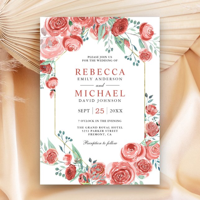 Modern Coral Pink Roses Floral Wedding Invitation (Creator Uploaded)