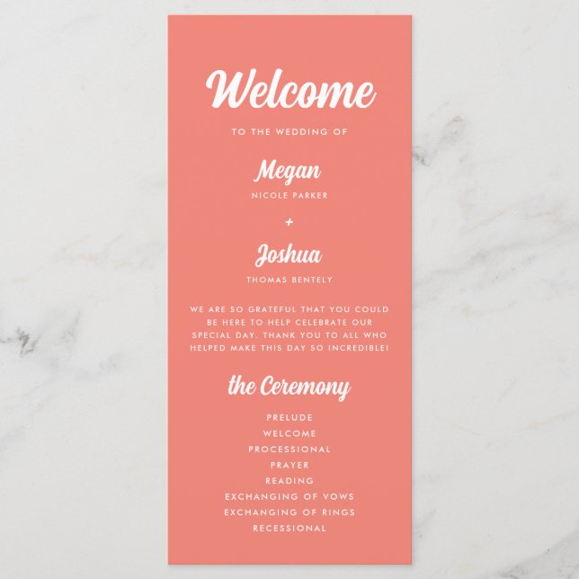 Modern Coral Pink Script Wedding Ceremony Programme (Front)