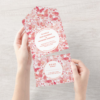 Modern Coral Pink Watercolor Butterfly Painting All In One Invitation