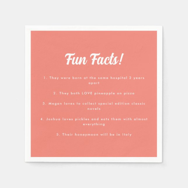Modern Coral Pink Wedding Fun Facts  Napkin (Front)