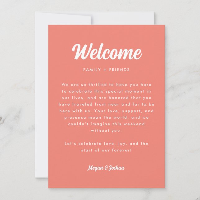Modern Coral Pink Wedding Weekend Itinerary Card (Front)