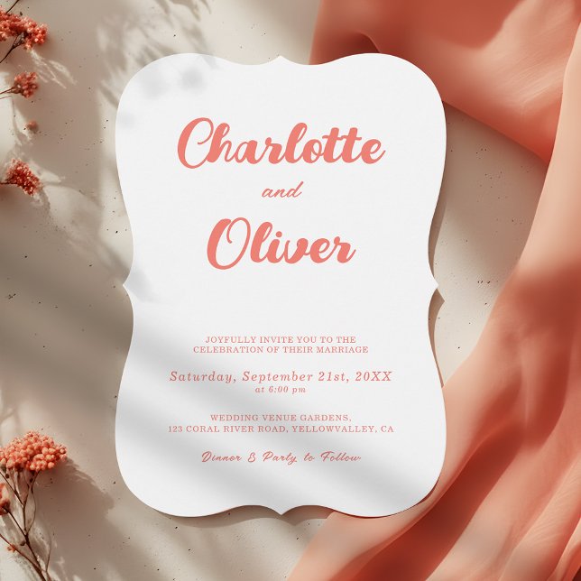 Modern Coral Pink White Script Decorative Wedding Invitation (Creator Uploaded)