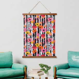 Modern Coral Poppy with Black Brushstrokes Hanging Tapestry