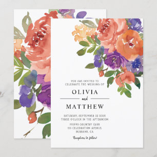Modern Coral Purple Watercolor Floral Wedding Invitation