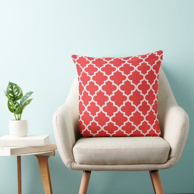 Modern Coral Red and White Quatrefoil Pattern Cushion (Chair)