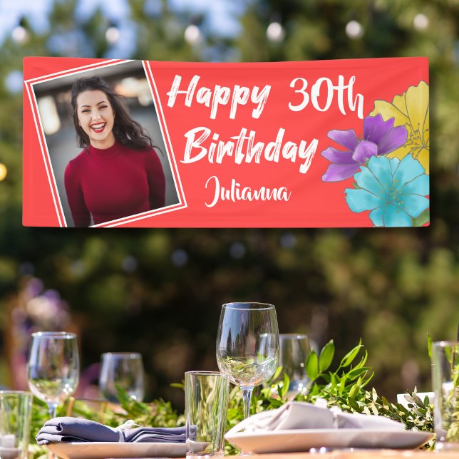 Modern Coral Red Floral Happy 30th Birthday Photo Banner (Creator Uploaded)