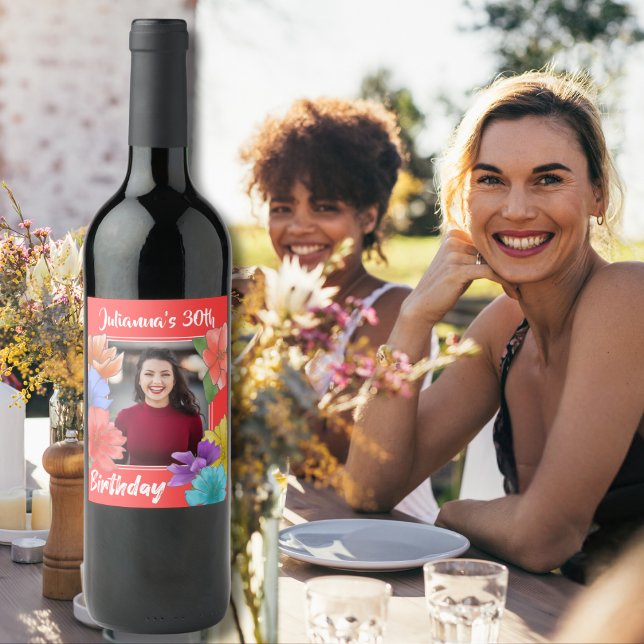 Modern Coral Red Floral Happy 30th Birthday Photo Wine Label (Creator Uploaded)