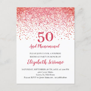 Modern Coral Red Glitter Confetti 50th Birthday  Invitation Postcard