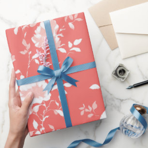Modern Coral Rose White Floral Pattern Wrapping Paper