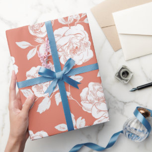 Modern Coral Rose White Floral Pattern Wrapping Paper