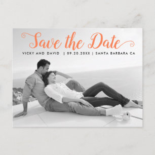Modern coral script wedding Save the Date photo Postcard