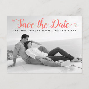 Modern coral script wedding Save the Date photo Postcard