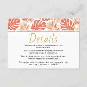 Modern coral tropical leaves wedding details enclosure card