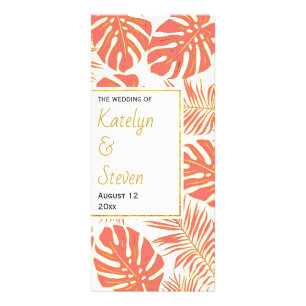 Modern coral tropical leaves wedding program rack card