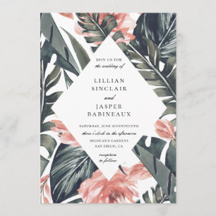 Modern Coral Tropics Diamond Frame Wedding Invitation