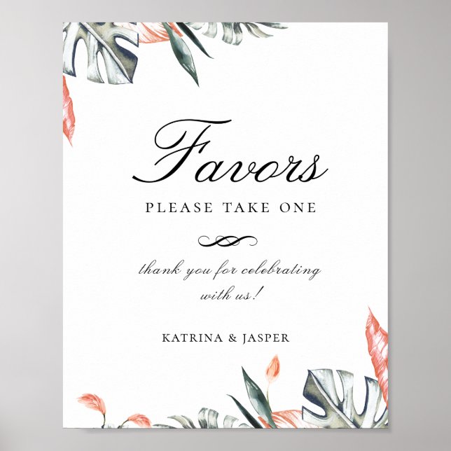 Modern Coral Tropics Favour Wedding Sign (Front)