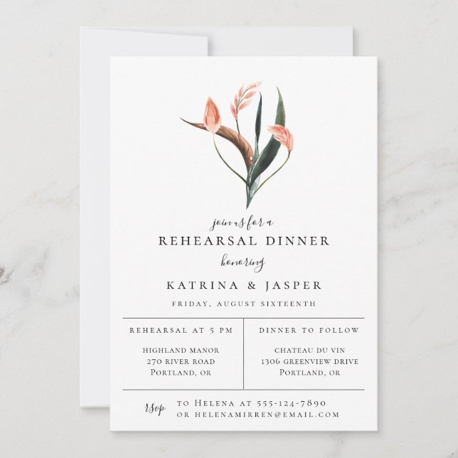 Modern Coral Tropics Rehearsal Dinner Invitation (Front)