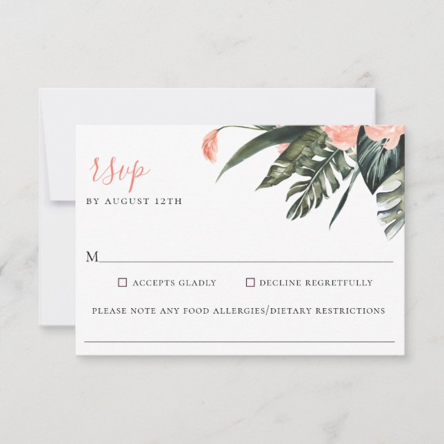 Modern Coral Tropics Wedding Food Allergy RSVP (Front)