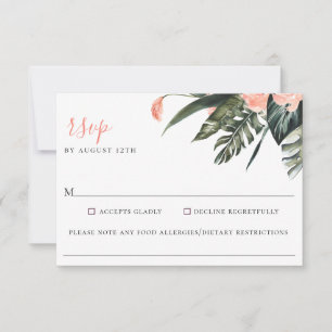 Modern Coral Tropics Wedding Food Allergy RSVP Card