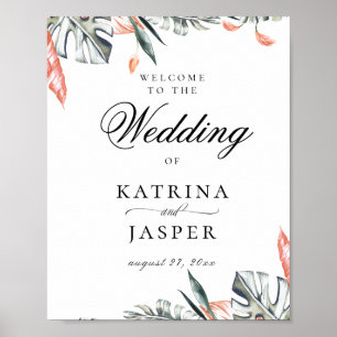 Modern Coral Tropics Wedding Welcome Poster
