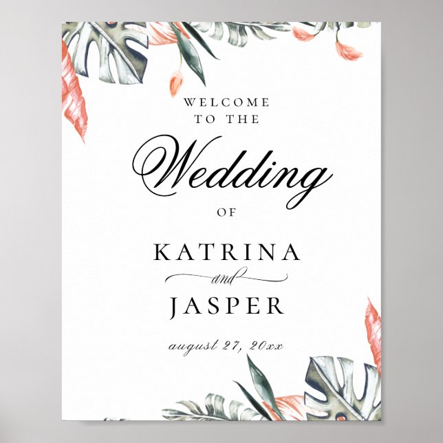 Modern Coral Tropics Wedding Welcome Poster (Front)