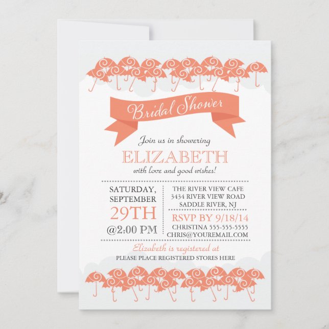 Modern Coral Umbrella Bridal Shower Invitation (Front)