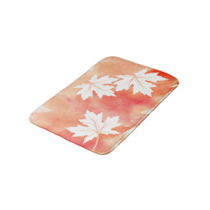 Modern coral watercolor and white maple leaves bat bath mat
