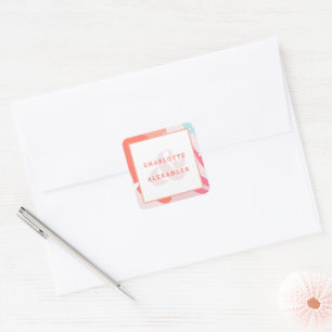 Modern Coral Wedding Bride & Groom Template Square Sticker