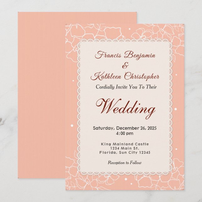 Modern Coral White Floral Wedding Invitation (Front/Back)