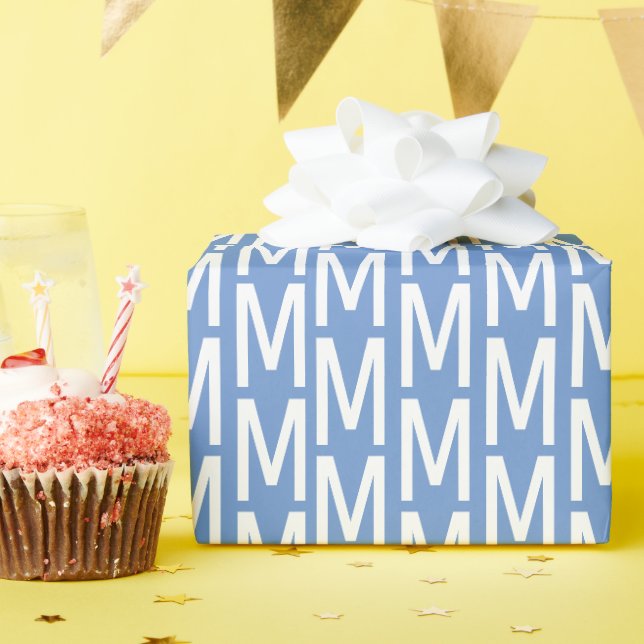 Modern cornflower blue custom monogram birthday wrapping paper (Birthday Party)