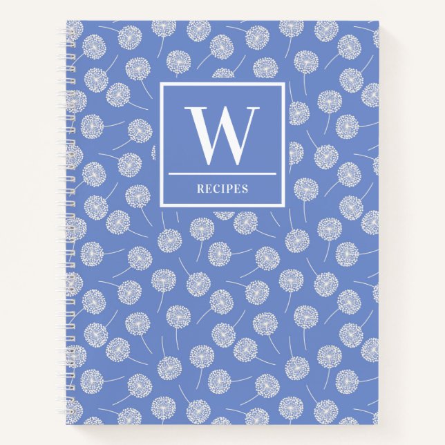 Modern Cornflower Blue Dandelion Monogram Recipe Notebook (Front)