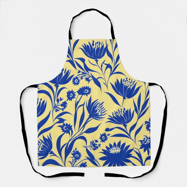 Modern Cornflower Blue Floral On Yellow Apron (Front)