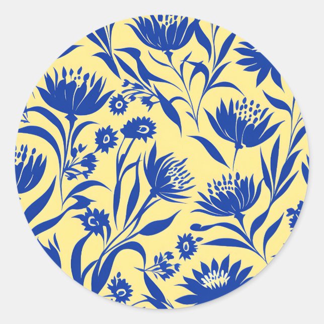 Modern Cornflower Blue Floral On Yellow Classic Round Sticker (Front)