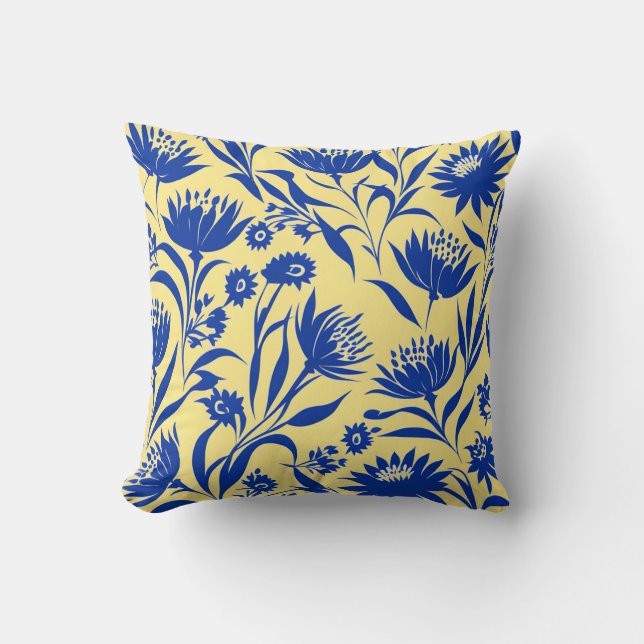 Modern Cornflower Blue Floral On Yellow Cushion (Front)