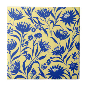 Modern Cornflower Blue Floral On Yellow Tile