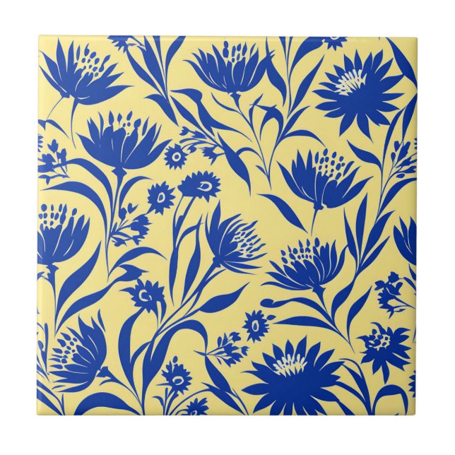 Modern Cornflower Blue Floral On Yellow Tile (Front)