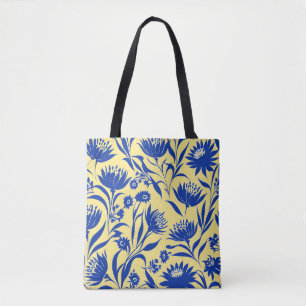 Modern Cornflower Blue Floral On Yellow Tote Bag