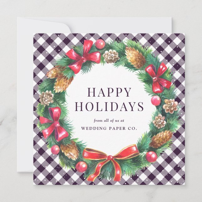 Modern Corporate Business Christmas Wreath Purple Holiday Card (Front)