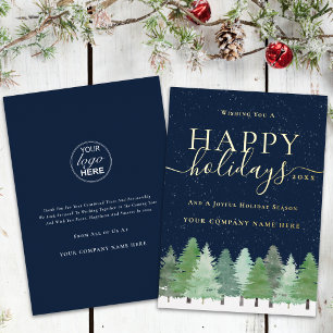Modern Corporate Christmas Business Logo Blue Gold Foil Holiday Card