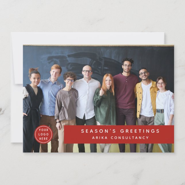Modern Corporate Christmas Logo Team Photo Red Holiday Card (Front)