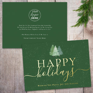 Modern Corporate Logo Christmas Trees Green Gold Foil Holiday Card