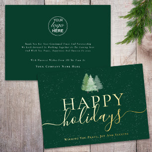 Modern Corporate Logo Christmas Trees Green Gold Foil Holiday Card