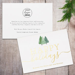 Modern Corporate Logo Christmas Trees Script Gold Foil Holiday Card