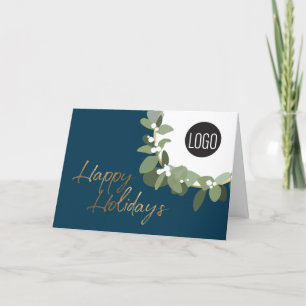 Modern Corporate Logo Happy Holidays Blue Holiday Card