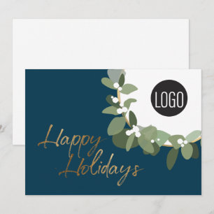 Modern Corporate Logo Happy Holidays Blue Holiday Card